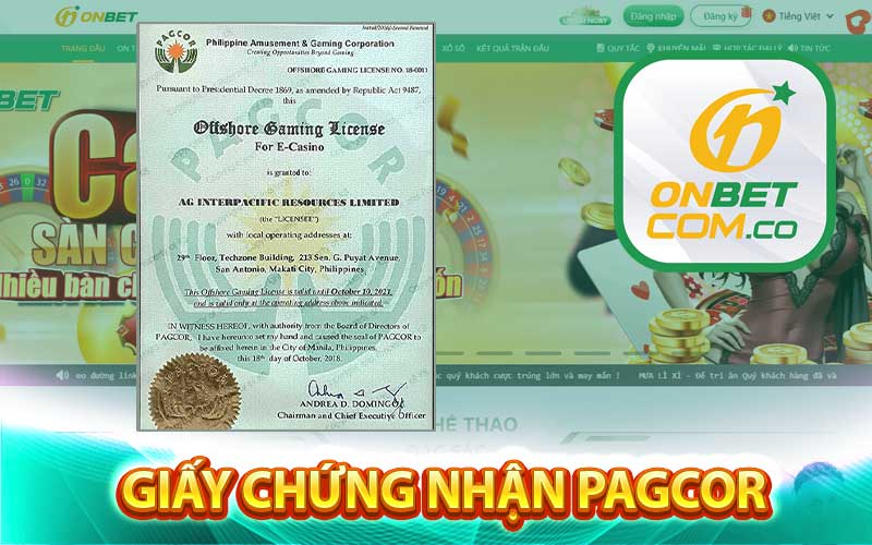 Giấy chứng nhận pagcor